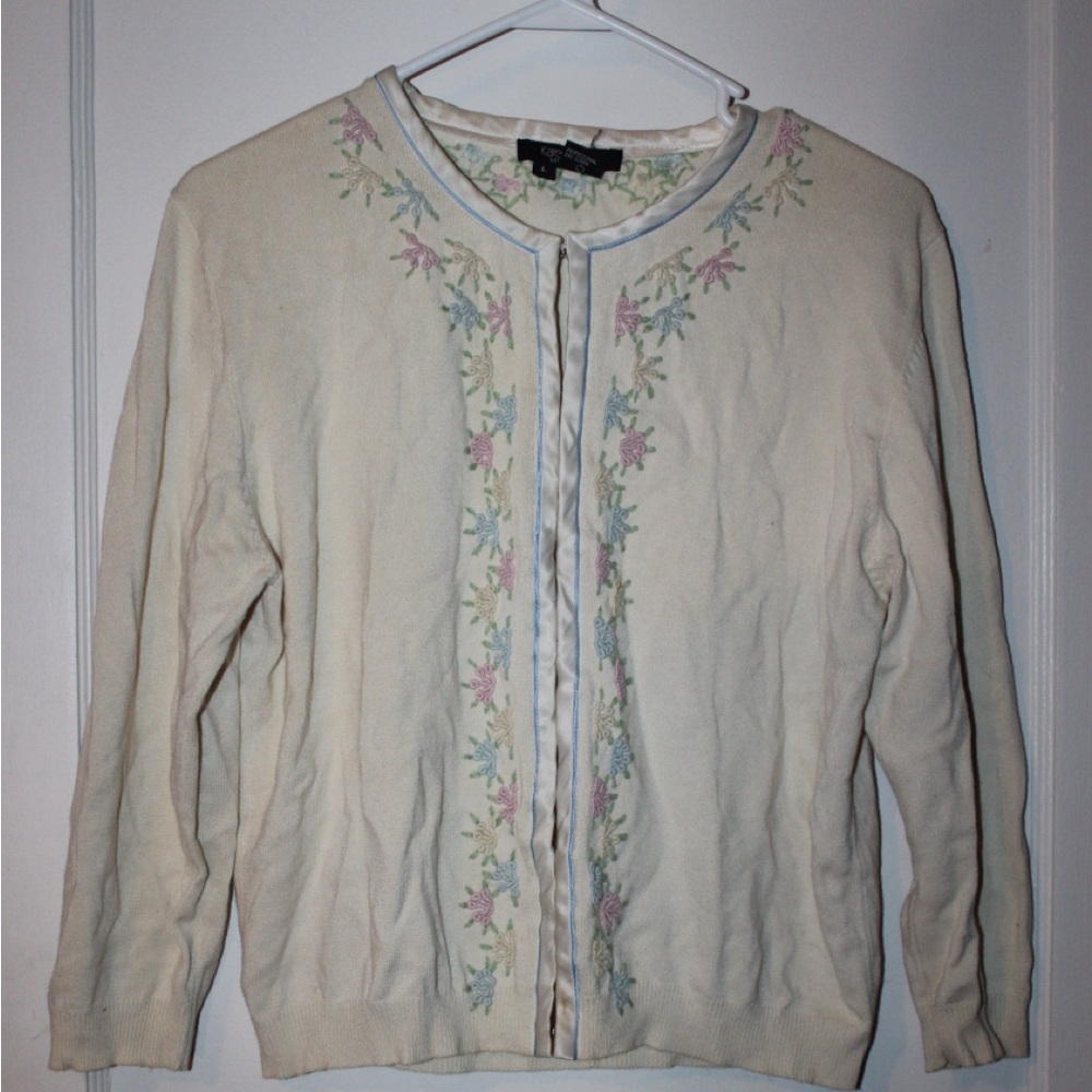 Karen Kane Sweater Cardigan White Pastel Flower Trim Size L